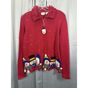Carolina Colours Sweater Womens Medium Red Snowman Zip Front‎ Holiday Christmas